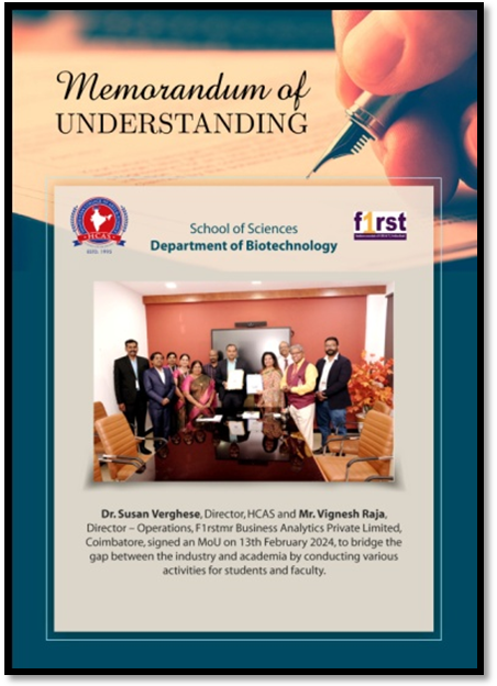 Department of Biotechnology signed MoU with F1rstMR Business Analytical Pvt. Ltd, Switzerland on 13th Feb 2024.