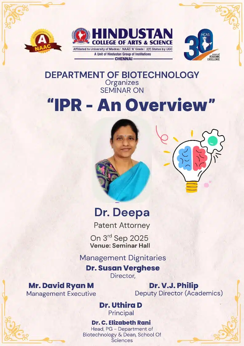 Department of biotechnology organizes a seminar on IPR -An Overview on 3rd sep 2025