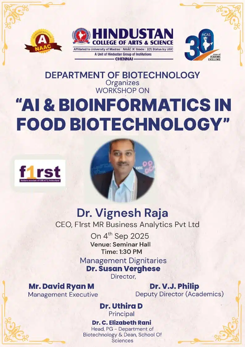 Department of biotechnology organizes workshops on "AI & Bioinformatics in food technology" on 4th sep 2025